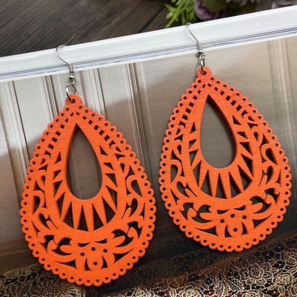 Beige Casual Retro Simple Style Water Droplets Minimal Wood Drop Earrings Boho - Picture 4 of 16